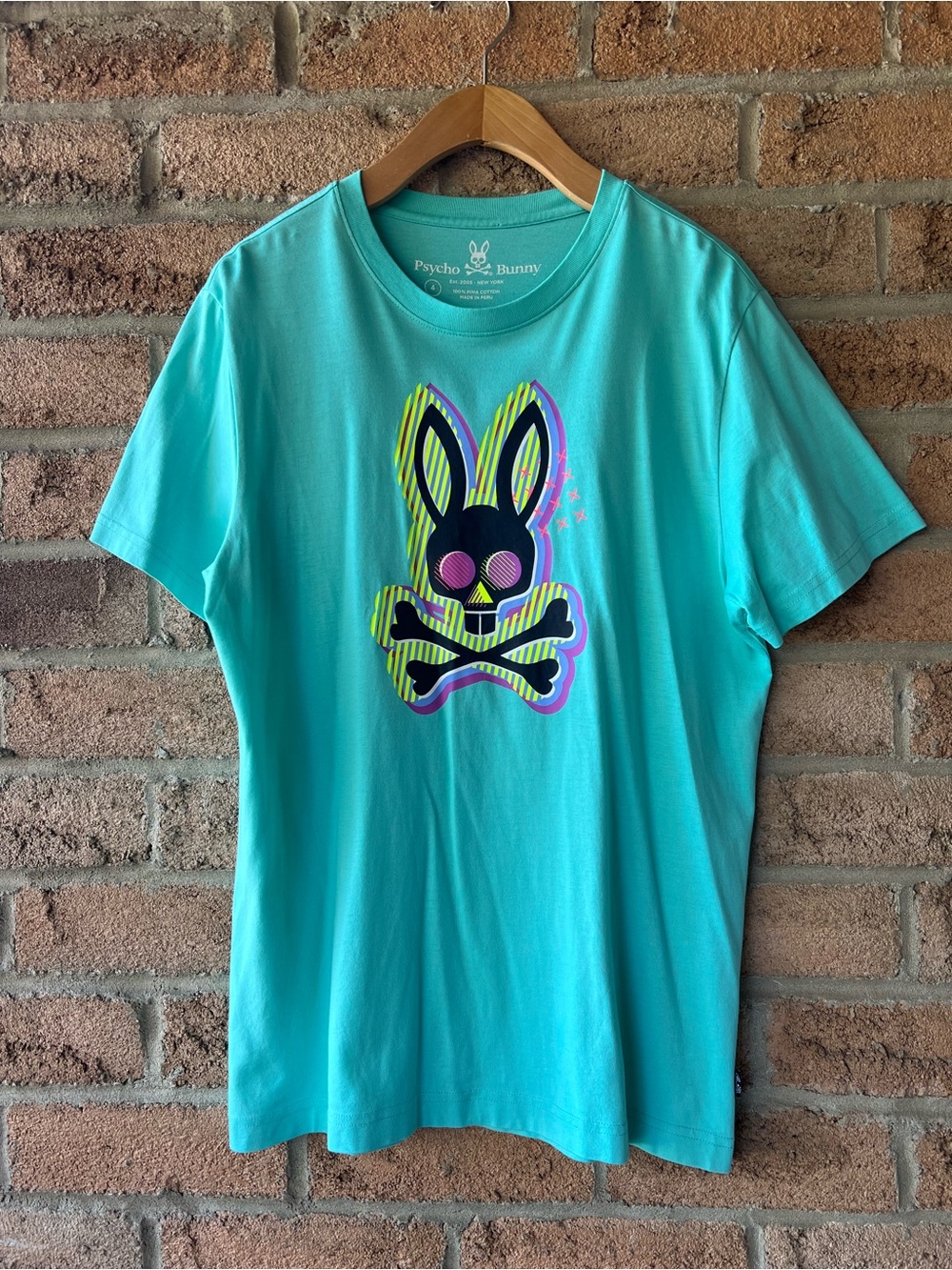 PSYCHO BUNNY Neon Skull Graphic Pima Cotton T-Shirt Aqua Men’s S